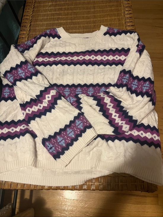 LOFT Sweaters - LOFT Cream Cable-Knit Crewneck Sweater with Purple and Navy Fair Isle